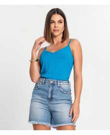Blusa De Alça Feminina Ribana Canelada Rovitex Azul - Azul - Visão 1