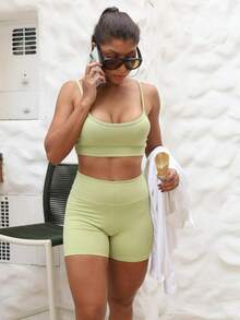 Conjunto Fitness Feminino Top Short Meia Coxa Cintura Alta Academia Esporte