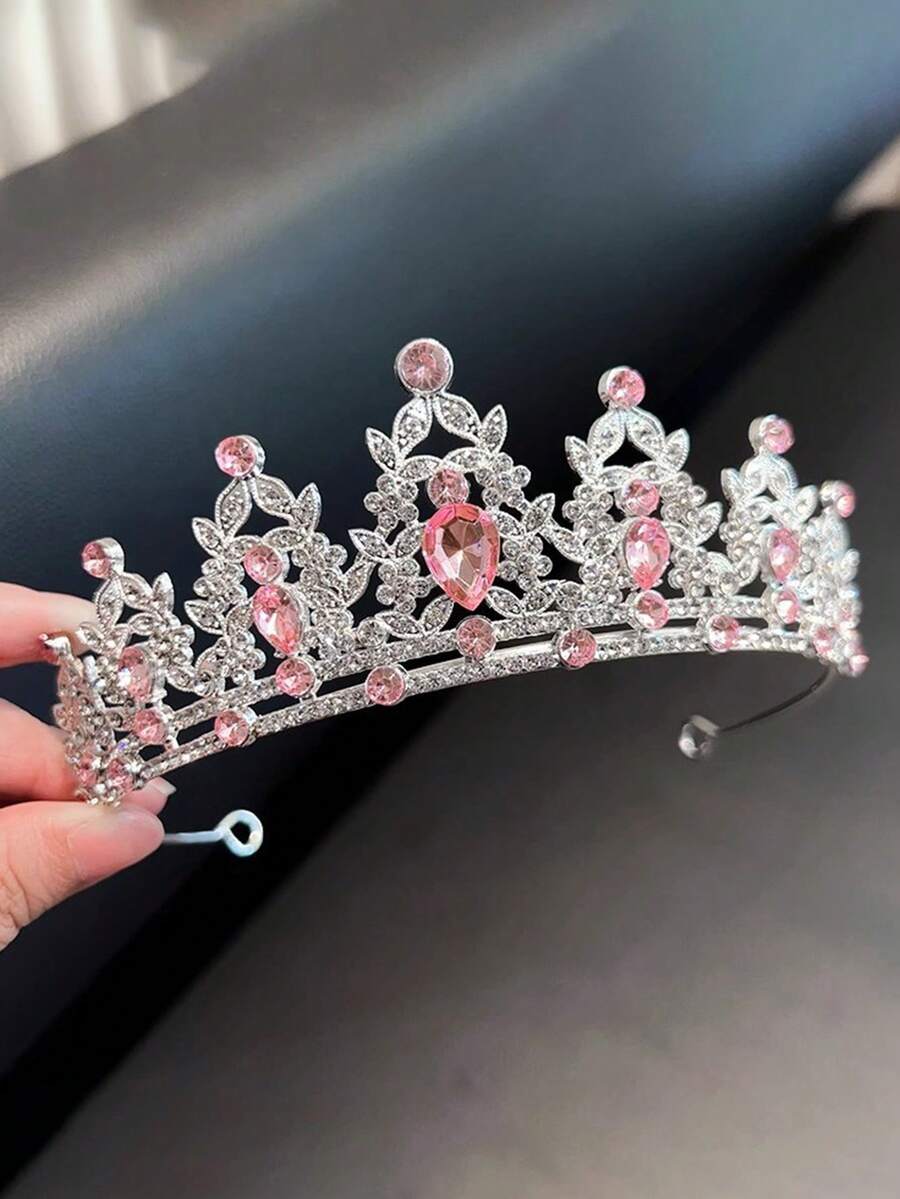1件女款合金皇冠,鑲嵌閃亮水鑽與多彩水晶,新娘頭飾公主髮冠,生日婚禮髮飾 - 粉色 - 查看 1