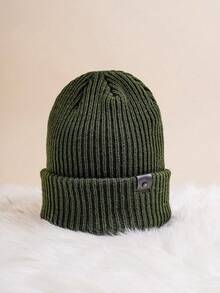1 Stück unisex Y2K Stil gestrickter Beanie Hut mit Lederriemen, einfaches Design, warm & atmungsaktiv, vielseitig für Herbst/Winter Outdoor Tragen Herren Winterbekleidung