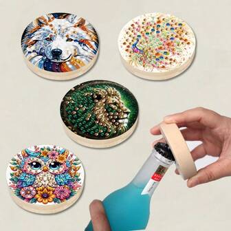 1pc Wolf, Peacock, Lion, Owl Styled 5D Wooden Diamond Painting Bottle Opener, Handmade DIY Round Crystal Artificial Gemstone Studded Diamond Craft Tool, Includes Drill Tool, Suitable For BBQ, Party Decor