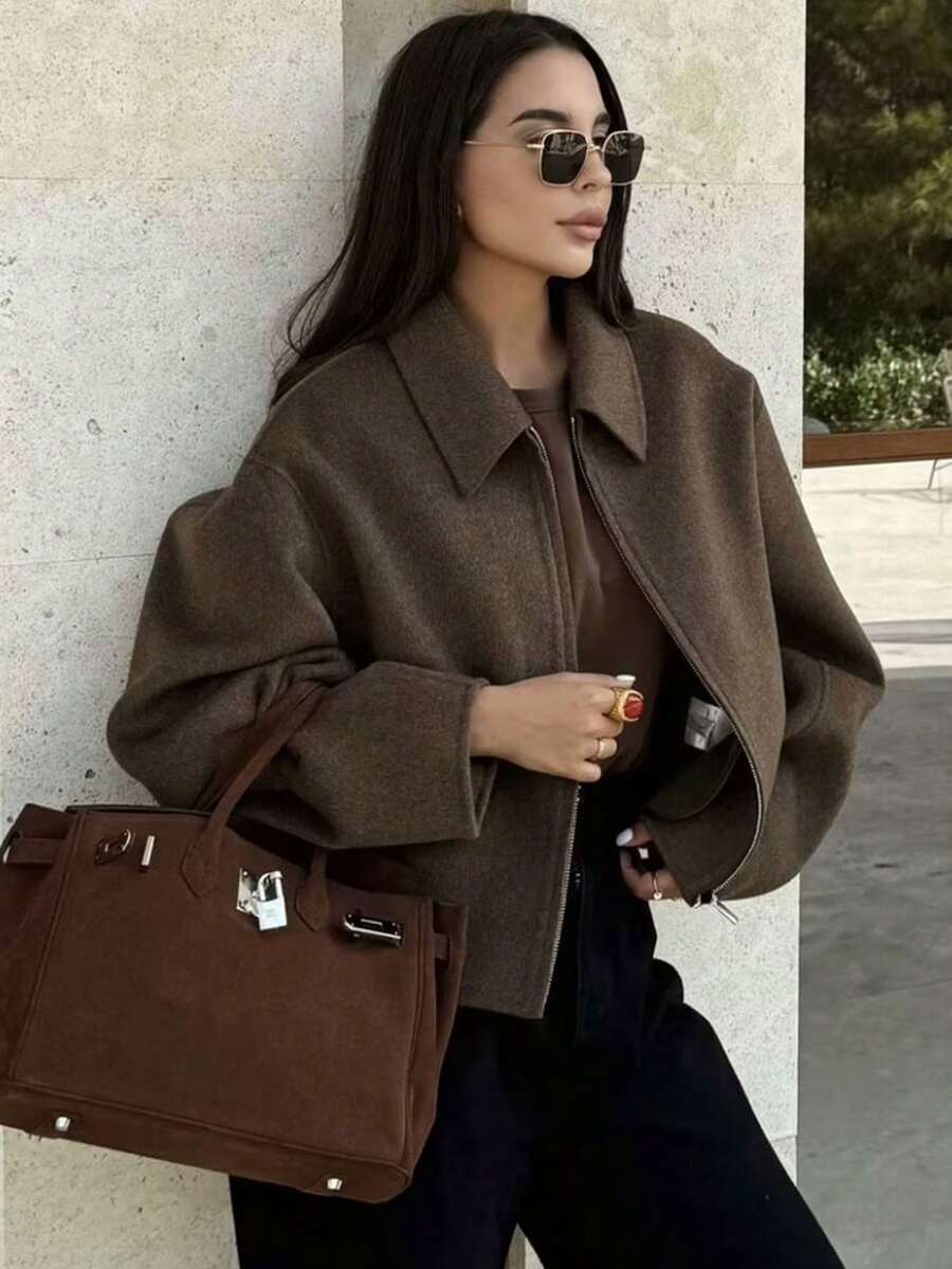 休闲女式外套秋季翻领长袖女士夹克带口袋时尚街头女士外套 - 棕色 - 查看 1