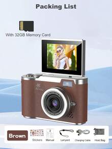 1台4800万像素2.4英寸旋转屏数码相机，配备可充电CCD传感器，附赠32GB存储卡和多种滤镜模式。便携式防抖智能变焦相机，适合户外使用。
