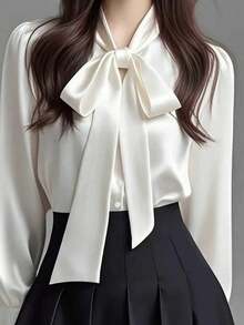 Women's Elegant Satin White Long Sleeve Casual Shirt, Versatile Commuter Blouse With Bow Collar Detail - Solid Color Suitable For All Seasons, Machine Washable Non-Sheer, Soft & Breathable Fabric, Refined Satin Texture, Solid Color Tie For Office & Daily Wear