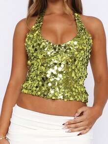 Women Y2k Sequin Cami Top Halter Sleeveless Tank Tops Sparkly V Neck Backless Cami Tops Going Out Tops Rave Clubwear Streetwear - 綠色 - 查看 4