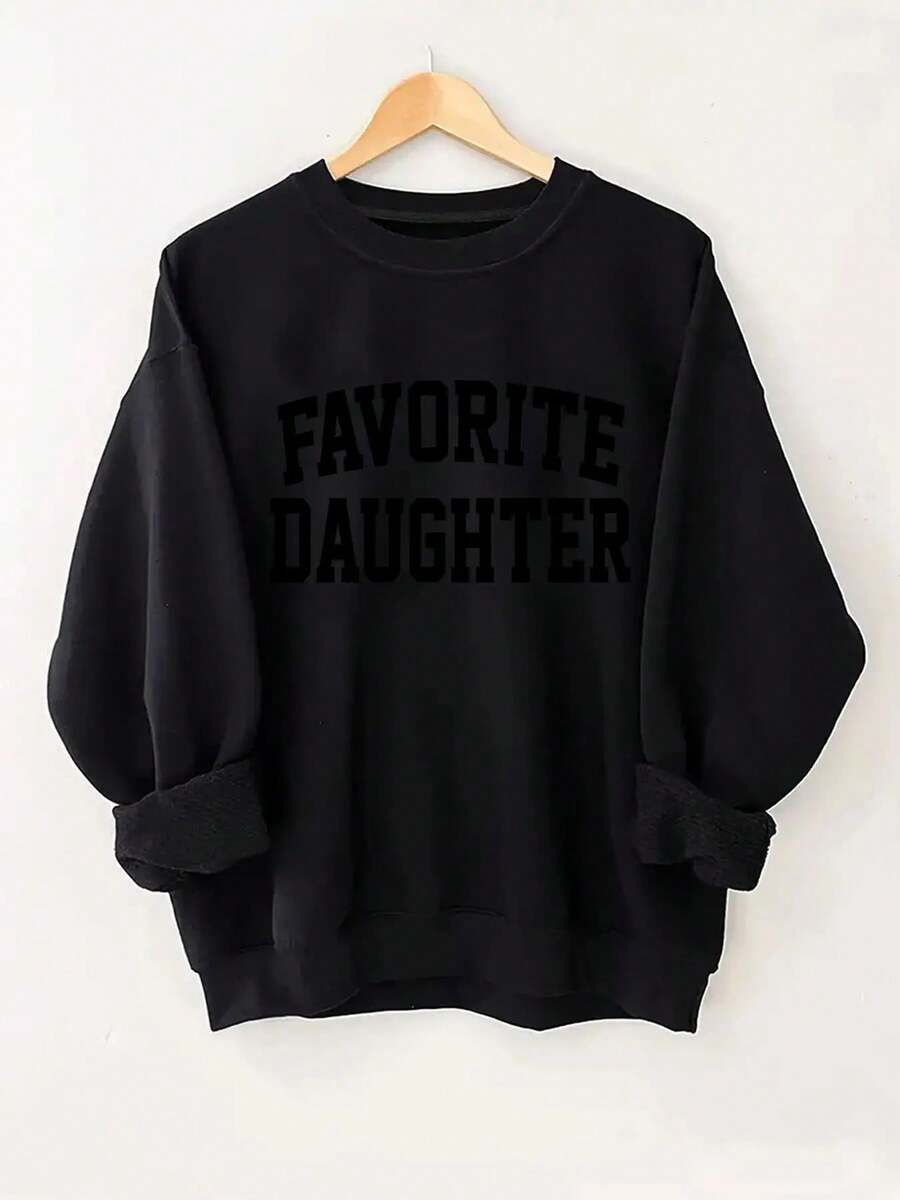 2025FAVORITE DAUGHTER Graphic Print Women's Casual Sweatshirt - Black Round Neck Long Sleeve Pullover, Machine Washable Autumn Winter Warmth, Perfect Gift For Daughters, Sweaters For S, Cozy Winter Apparel, Relaxed Fit Pullover, Comfortable CasualwearSoft And Breathable - 黑色 - 查看 1
