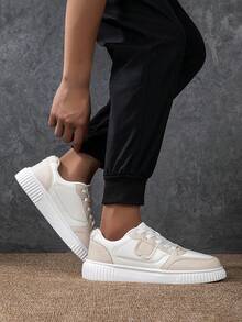 2025新款男士休闲运动鞋，时尚简约百搭厚底系带轻便低帮滑板鞋，适合日常穿着、外出、街头、校园、度假、旅行、散步等场合。 - 米色 - 查看 4