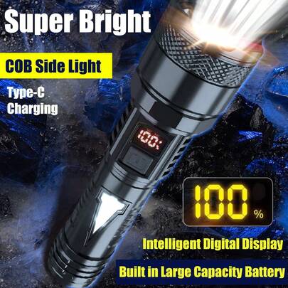 1PC Super Bright LED Flashlight USB Rechargeable Strong Light Tactical Torch With Power Display Waterproof Built In Battery Outdoor Patrol Camping Emergency Lantern