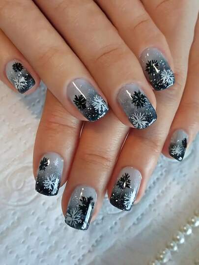 Christmas Short Press On Nails Snowflake Fake Nails Square Shape False Nails With Glitter Design On Nails Xmas Full Cover Acrylic Nails Reusable Artificial Nails Winter Stick On Nails