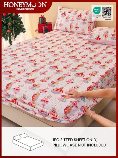 1件圣诞彩色球印花床笠，适用于9英寸至12英寸厚的床垫，柔软、抗皱、透气，适合所有尺寸的床，可机洗。时尚的圣诞装饰床笠，卧室和宿舍必备，通过Oeko-Tex认证