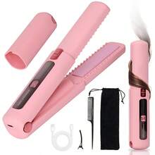 2 In 1 Cordless Curling Iron - Hair Straightener With Comb, Clip, Bag. Hot Tools Curling Iron, Portable Flat Iron, Travel-Friendly Hair Styling Kit, Gifts For Women (Pink) - 粉色 - 查看 2