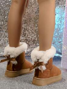 Botas de nieve de suela gruesa con lazo de unicolor, 2025. Botas cortas de invierno para mujer, acolchadas y cálidas para fiestas/uso casual, para ir al trabajo/esquí al aire libre con forro térmico antideslizante