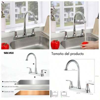 Mezcladora para Fregadero, Llaves para Fregadero de Cocina, Grifo de Cocina con Dos Asas, Grifo de Cuerpo Principal de Latn, Llave para Fregadero de Acero Inoxidable, Acabado Cromo Espejo, SP - 80008
