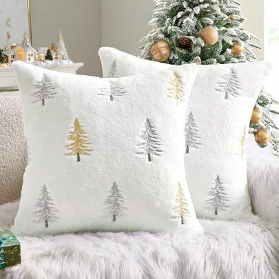1pc Embroidered Christmas Tree Faux Fur Throw Pillow Cover, Suitable For Christmas Holiday Sofa, Bedroom, Living Room Home Decor
