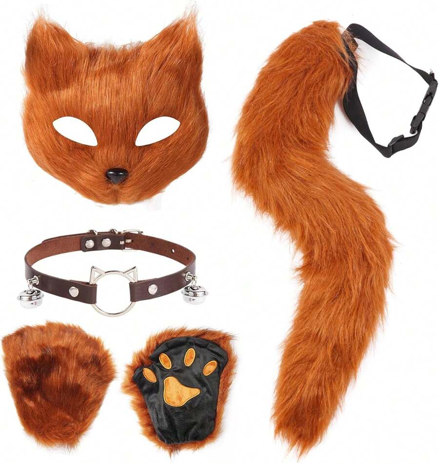 4 Pcs Faux Fur Therian Mask And Tail Set For Women Halloween Furry Cat Ears Fox Mask Paw Tail Choker Cos Accessories,24196892 - 棕色 - 查看 1