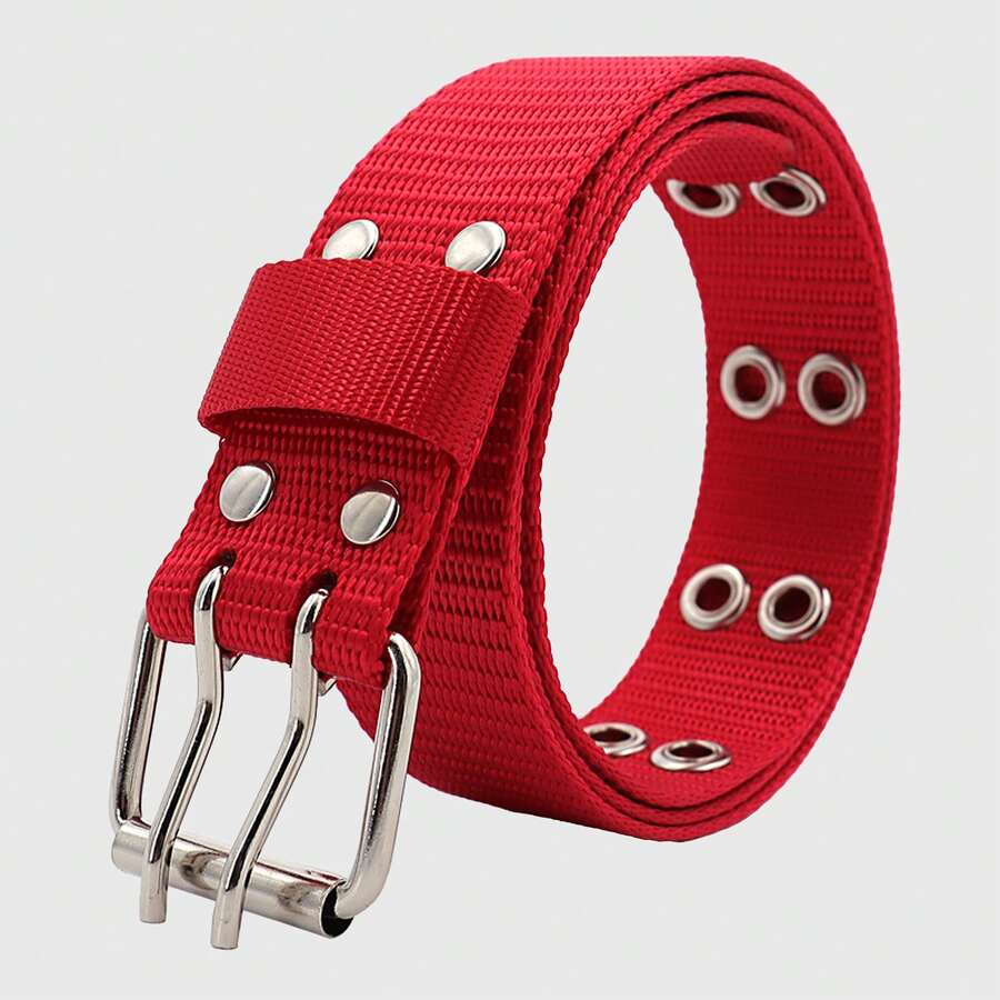 Women's Nylon Web Belt With Silver Buckle - Red - Red - View 1