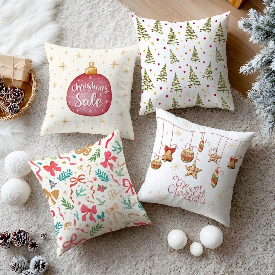 4 fundas de cojín con diseño de árbol de Navidad, adorno y lazo, de tela de terciopelo suave de un solo lado, de 45*45CM, para el hogar, dormitorio, sala de estar, fiesta, decoración navideña, regalo festivo, sin relleno de cojín