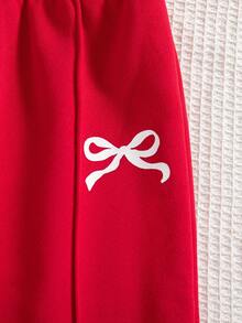 两件套少女休闲蝴蝶印花落肩圆领长袖卫衣长裤套装，保暖连帽衫和长裤，秋冬季