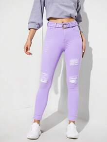 Pantalon mujer moderno desgastado roto moldeador jeans dama ajustado - Lila Púrpura - Ver 1