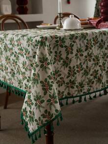1 pieza Mantel de estilo vintage americano country con estampado de hojas de árbol de frutas, rectangular con flecos, adecuado para uso diario, festivales, reuniones familiares, fiestas de Navidad, decoración de mesa de comedor, decoración del hogar