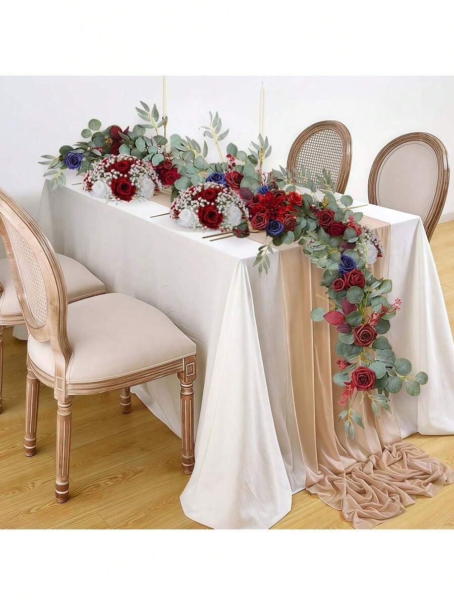 1set Burgundy Wedding Decor Flowers, 1pc Artificial Eucalyptus Rose Garland With 2pcs Flowers Balls, Fake Table Runner Garland Decor Wedding Arch Rose Garland For Wedding Centerpieces Home Party Garden Decoration - phong cách1 - Xem 1