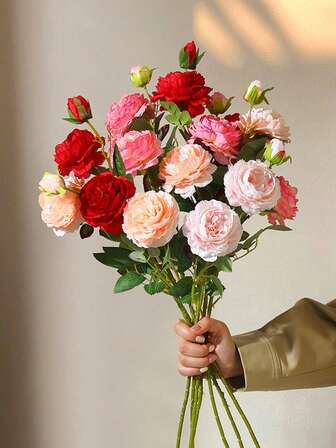 3 PIEZAS Ramos artificiales de peonías, ramos de rosas, rosas de seda de colores con hojas verdes artificiales blancas, flores secas decorativas, flores artificiales, adecuadas para decoraciones de bodas, Día de San Valentín, manualidades para el hogar y arreglos florales, fiestas de cumpleaños, reuniones, cestas de flores para bodas, ramos de novia