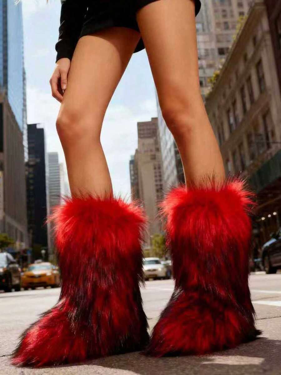 Women's Faux Fox Fur Boots For Autumn & Winter: Warm Mid-Calf, Plus-Size, Flat-Heeled, Thickened Faux Fox Fur, Round-Toe, High-Top Snow Boots. - 紅色 - 查看 1