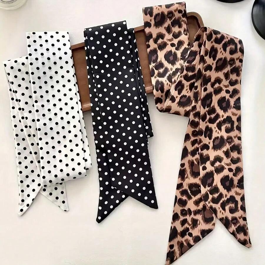 3 Leopard Print Polka Dot Women's Long Scarves - Vintage Hot , Wrap Scarves, Headscarves, Belts, Fashion Accessories, Versatile Styling, Clothing Enhancer, Fashion Prints, Soft Material, Durable Textiles, Headband Wraps, Vintage Enthusiasts - Họa tiết da báo/chấm bi đen - Xem 1