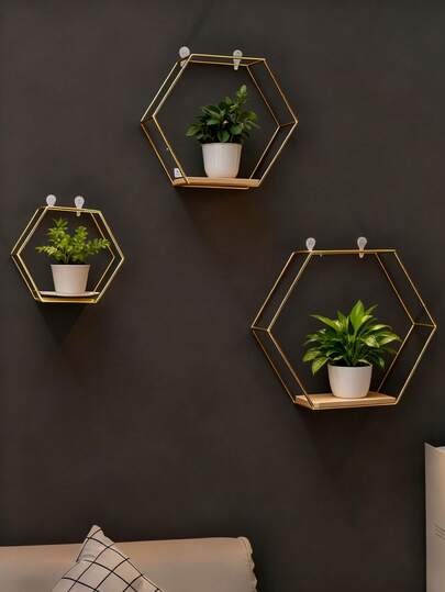 1 pieza Estantería de pared hexagonal de metal dorado, diseño geométrico hueco, adecuado para exhibir plantas, artículos de decoración, agrega un toque refrescante a la habitación de una niña o al dormitorio