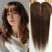 Human Hair Toppers For Women, 100% Remy Topper With Bangs, 150% Density Silk Base Clip In Topper 12 Inch Add Volume,Cover Gray - Brown - View 3