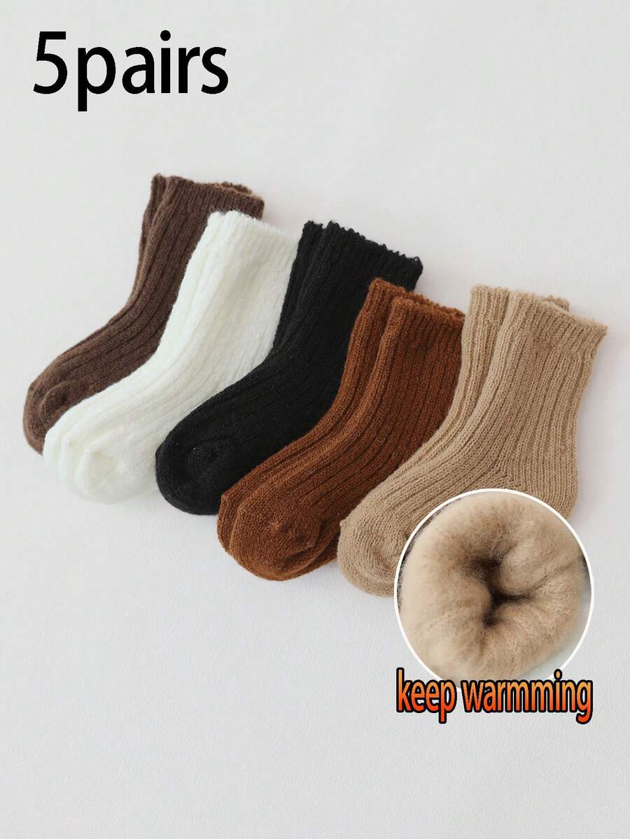 5 Pairs Kids Knitted Blend Thermal Lined Winter Short Socks, Warm Socks, Unisex Style Everyday Mid-Calf Socks, Suitable For Ages 1-3, 4-7, 8-12, Teens