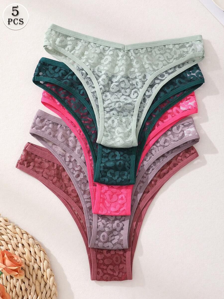 Bộ 5 chiếc quần lót bikini không đường may gợi cảm dành cho nữ, kiểu dáng ren chữ V, họa tiết da báo và màu trơn, chất liệu mềm mại, thoáng khí, phù hợp cho yoga, thể thao và mặc hàng ngày.