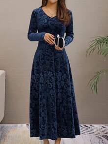 Floral Pattern V-Neck Velvet Dress, Elegant Long Sleeve Swing Dress For Spring Vacation - Blue - View 4