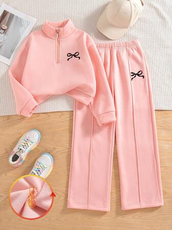 2pcs Tween Girls Casual Butterfly Print Dropped Shoulder Crew Neck Long Sleeve Sweatshirt And Pants Set, Thermal Lined Hoodie And Trousers Outfit, Autumn/Winter