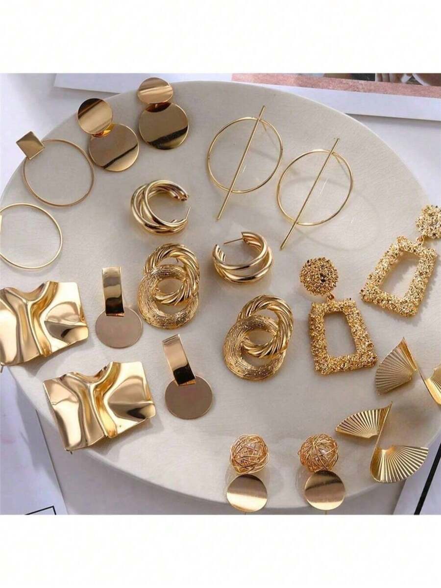 5 pares de aretes geométricos metálicos surtidos, adecuados para uso diario de mujeres, festivales, fiestas, regalos - juego de pendientes - Ver 1