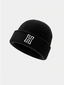 1pc A-Z Letter Kids Knit Beanie Hat, Solid Color Warm Knitted Cap, Suitable For Boys And Girls, Suitable For Outdoor And Daily Wear - Black - View 6