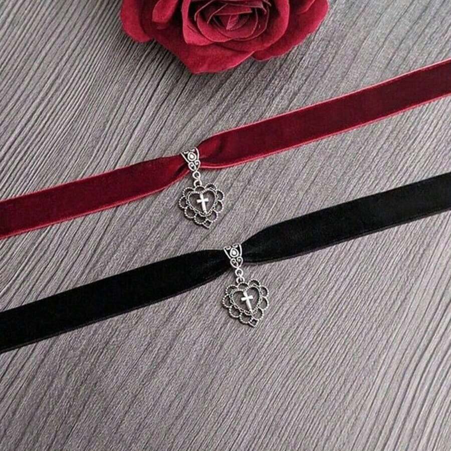 1件哥特式天鹅绒项链，十字心形吊坠，酒红色和黑色天鹅绒朋克风饰品，吸血鬼浪漫Emo风格珠宝，送给女性、女孩的礼物，适合新娘、情人节、蕾丝连衣裙或日常佩戴，充满灵性魅力。 - 彩色 - 查看 1