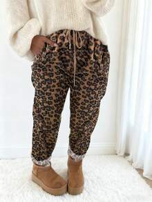 Quần nữ dáng suông kẻ sọc họa tiết da báo, chất liệu nhung kẻ, kiểu dáng thường ngày, thoải mái cho mùa xuân. - màu nâu - Xem 2