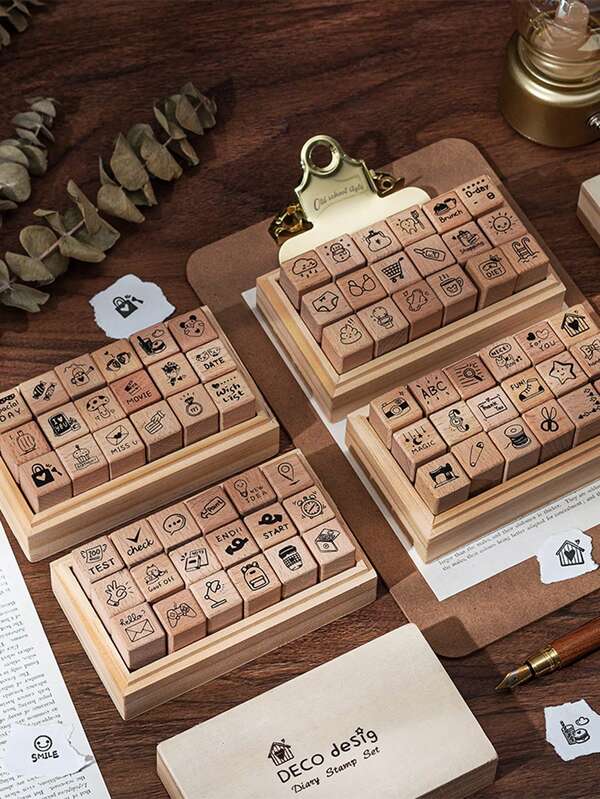 18 Stück/Box, Lebensmuster Vintage Holzstempel, kreatives Design für tägliche Gebrauchsgegenstände Muster Stempel, für Scrapbooking Dekoration Kalender Dekoration DIY Tagebuch Dekoration Stempel, modische Holzhandwerkskunst
