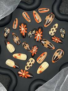 24片中号亮面杏仁形美甲贴片，复古温柔美甲，经典深棕色法式美甲搭配橙色向日葵图案，甜美迷人，适合女孩、上班族女性日常使用，也适合约会、海滩、派对等场合，是春夏温柔美甲的理想之选。 - 彩色 - 查看 3