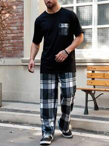 Conjunto de dos piezas de ropa de dormir para hombre, con pantalones de manga larga y estampado a cuadros, para otoño e invierno,Set de 2 piezas Pijama de manga corta ligero para hombre, Conjunto de ropa de casa a rayas y a cuadros para hombre en primavera y verano - Negro - Ver 4