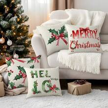 4 Stück Weihnachts-Stechpalmenblatt Illustration Design Kissenbezug Set, einseitig Muster 45*45cm