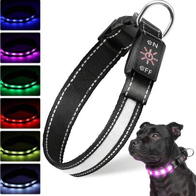 USB-C Rechargeable Waterproof Glowing Dog Collar, Adjustable Soft Nylon Mesh LED Dog Collar With 6 Lighting Colors, Suitable For Night Walking