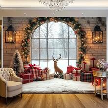 1 خلفية صور عيد الميلاد تتميز بوجود الأيائل والنوافذ المغطاة بالثلج وجدار من الطوب والأضواء الوامضة - مشهد عالم شتوي مذهل مع أكاليل وسلاسل زهور، مثالي لعرض شجرة عيد الميلاد والصور العائلية وديكور الحفلات الداخلية/العطلات. متوفر بأحجام متعددة. - متعدد الألوان - مشاهدة 4