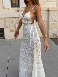 Women's 2026 SS Cream Ruched Chiffon Textured Maxi Dress Spaghetti Strap Deep V Backless Flowy Beach Vacation Music Festival Date Party Elegant Gown,For Wedding Party,Backless Sty,PartyLooks ,Date Night Outfit ,Wedding Season,Back To School Season,Note: Please Wear Skin-Colored Undergarments - Ivory - View 5
