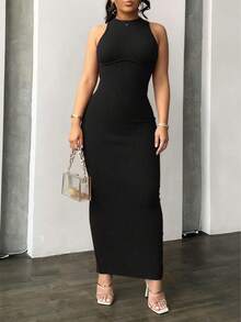 Vestido de fiesta liso, sin mangas, cuello alto, corte entallado, diseño plisado, largo maxi, adecuado para todas las ocasiones. - Negro - Ver 2