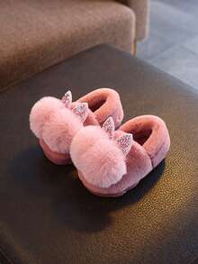 Kinder Doppelball glänzende Hasenohren warme Hausschuhe, Winterneuer Stil, süße kleine Mädchen Baby Fellhausschuhe