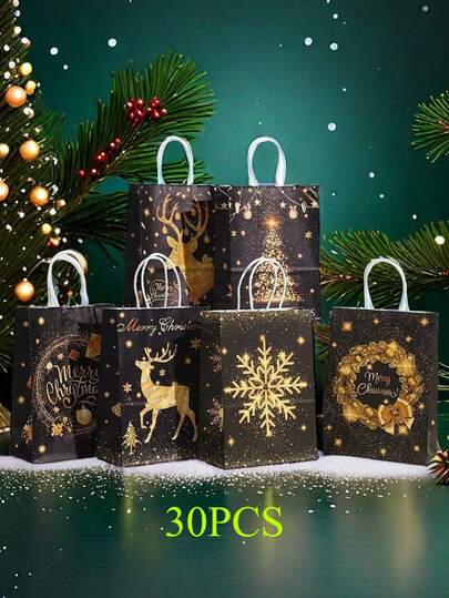4/10/30pcs Black Christmas Gift Bags - Kraft Paper Bags With Handles, Gold Snowflake And Reindeer Pattern, Suitable For Christmas Gifts, Party Favors And Gift Wrapping, Christmas Gift Bags, Christmas & New Year Supplies For Mom/Dad/Sister/Grandpa, 2026 Gift Packaging, Holiday Decor