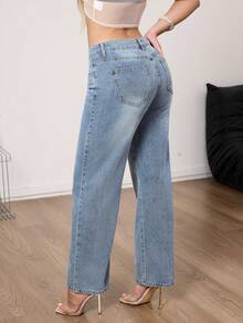Vaqueros rectos y elegantes para mujer, con bolsillos prácticos y tejido elástico cómodo, de largo largo. - Azul - Ver 2