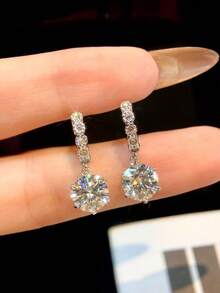 1 Pair 1 Carat 6-Prong Moissanite Tassel Stud Earrings, 925 Sterling Silver, Elegant Engagement Earrings, Bridal Wedding Jewelry, Luxury Jewelry Gift - Silver - View 2